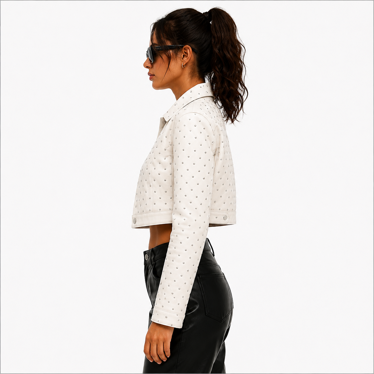 Women's Cropped Studded White Leather Jacket