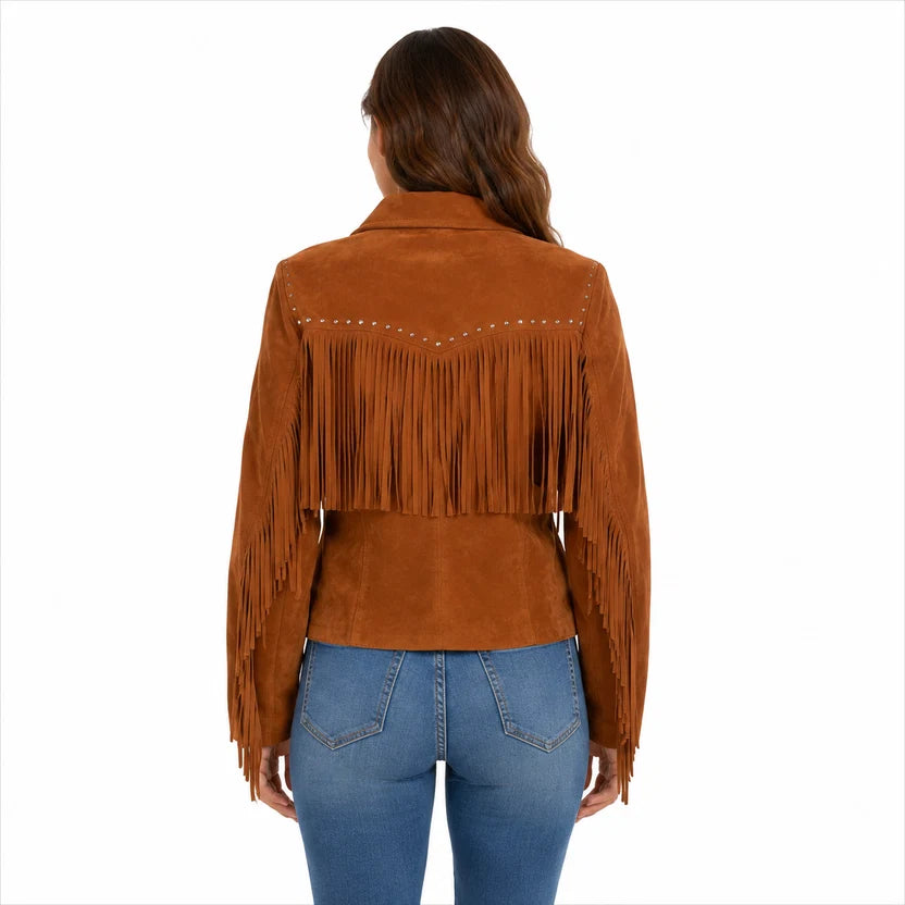 Women's Cognac Brown Suede Fringe Studded Western Jacket