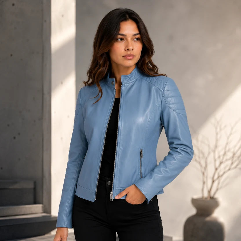 Women's Light Blue Real Leather Jacket