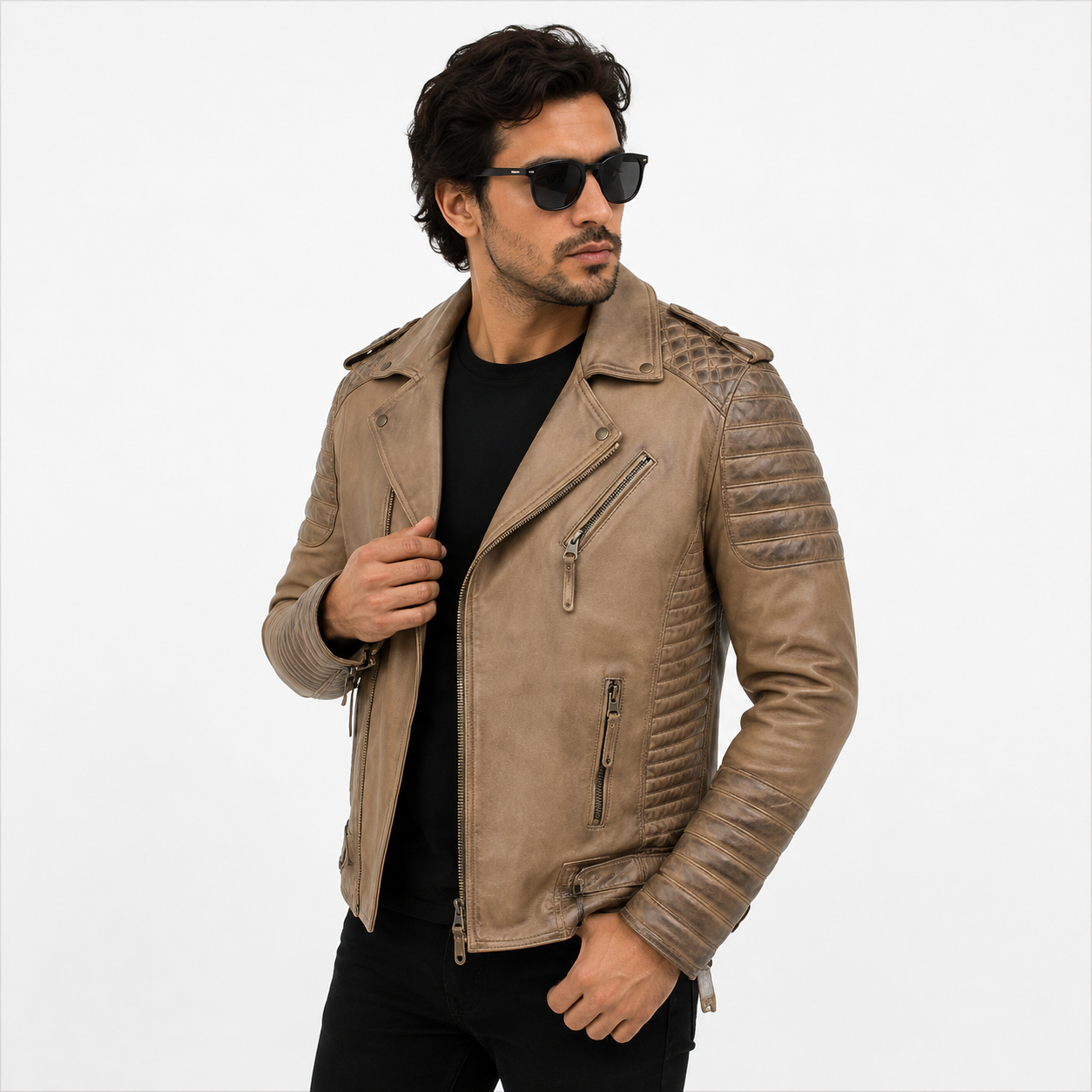 Men's Distressed Beige Taupe Asymmetric Leather Biker Jacket