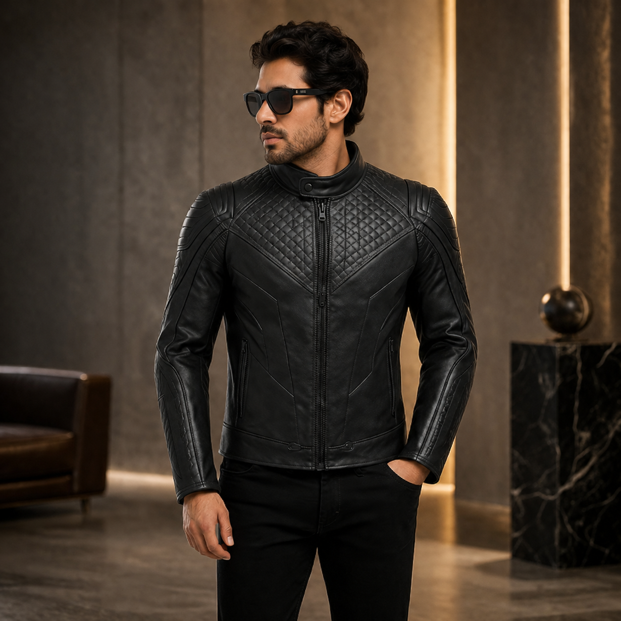 Men's Stealth All-Black Diamond Quilted Leather Biker Jacket