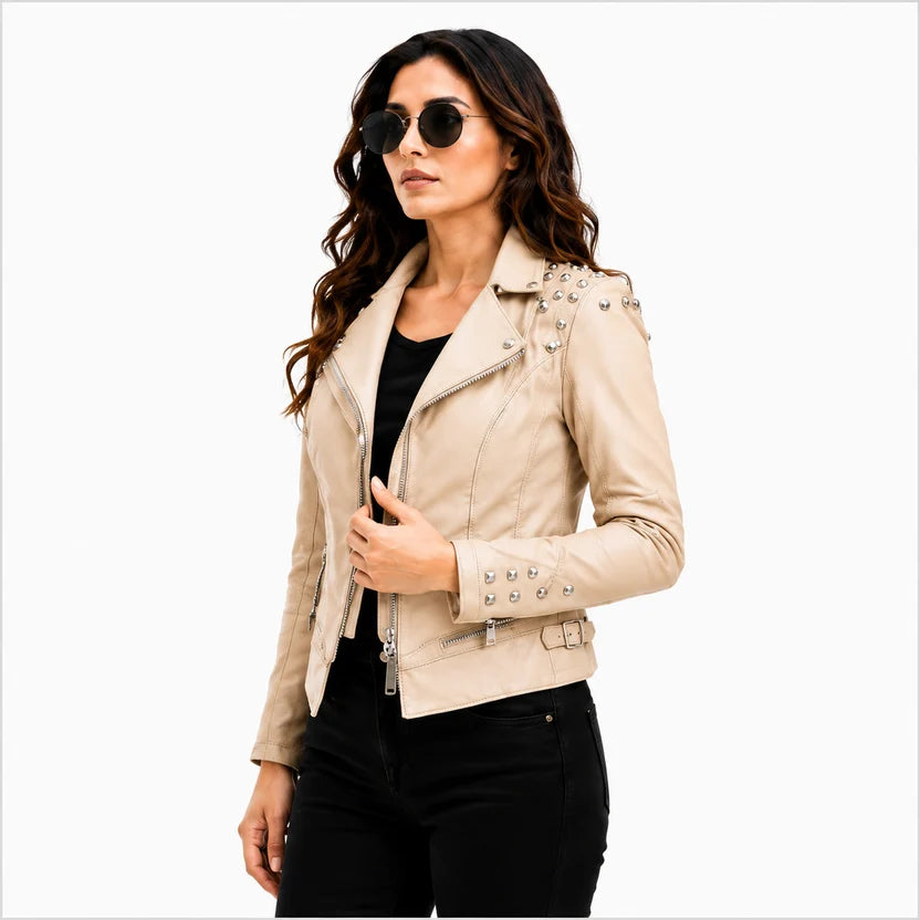 Women's Beige Studded Leather Biker Jacket