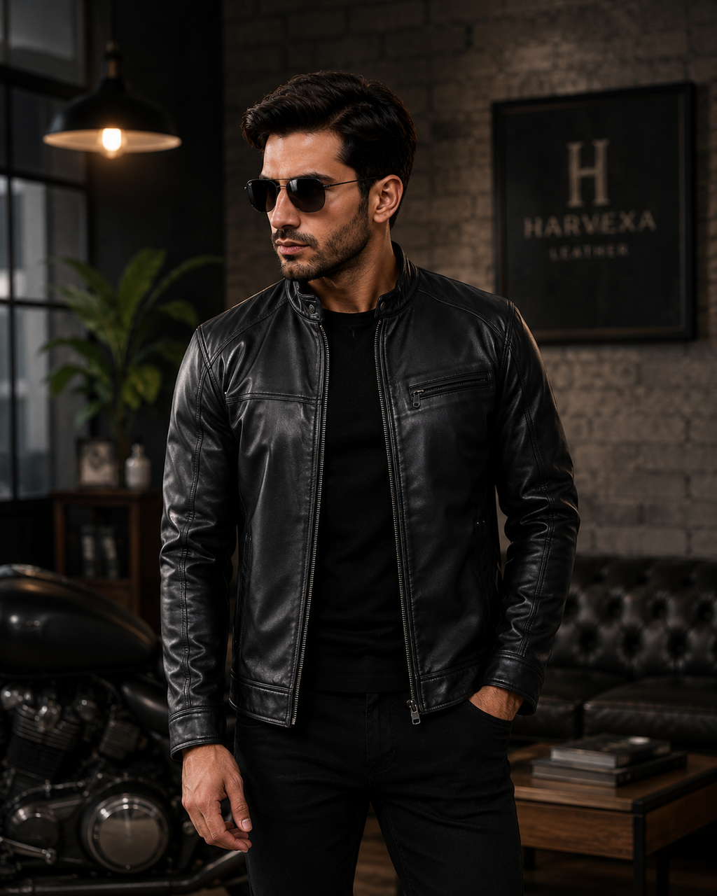 Men's black leather café racer jacket