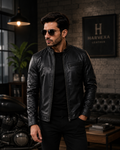 Men's black leather café racer jacket