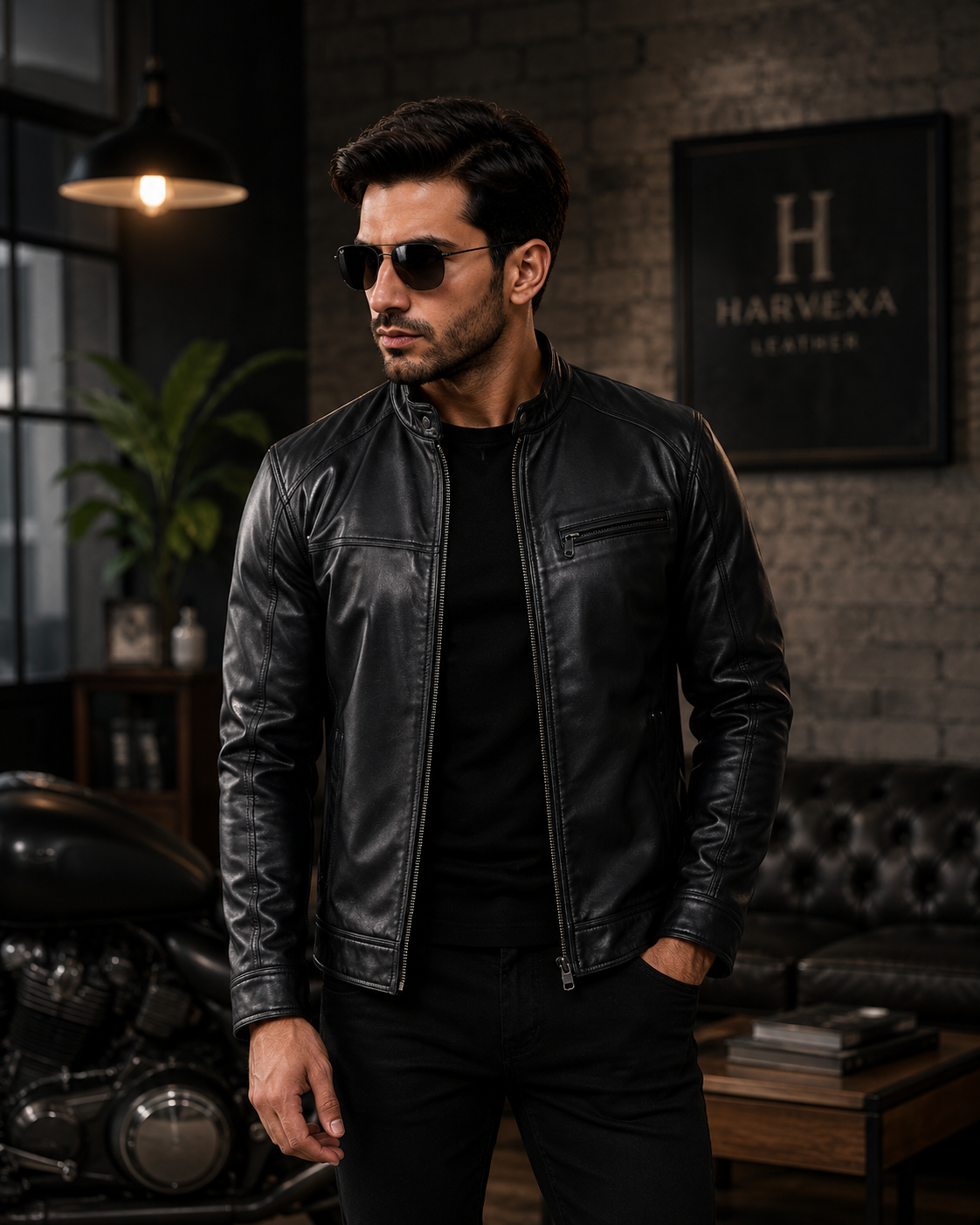 Men's black leather café racer jacket