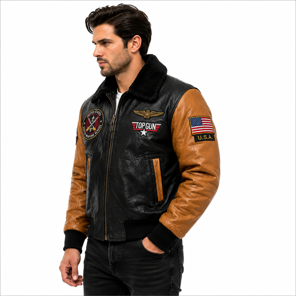Men's Black & Tan Top Gun G-1 Flight Leather Bomber Jacket