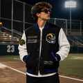 Black and White Los Angeles Rams NFL Varsity Jacket with Helmet Logo
