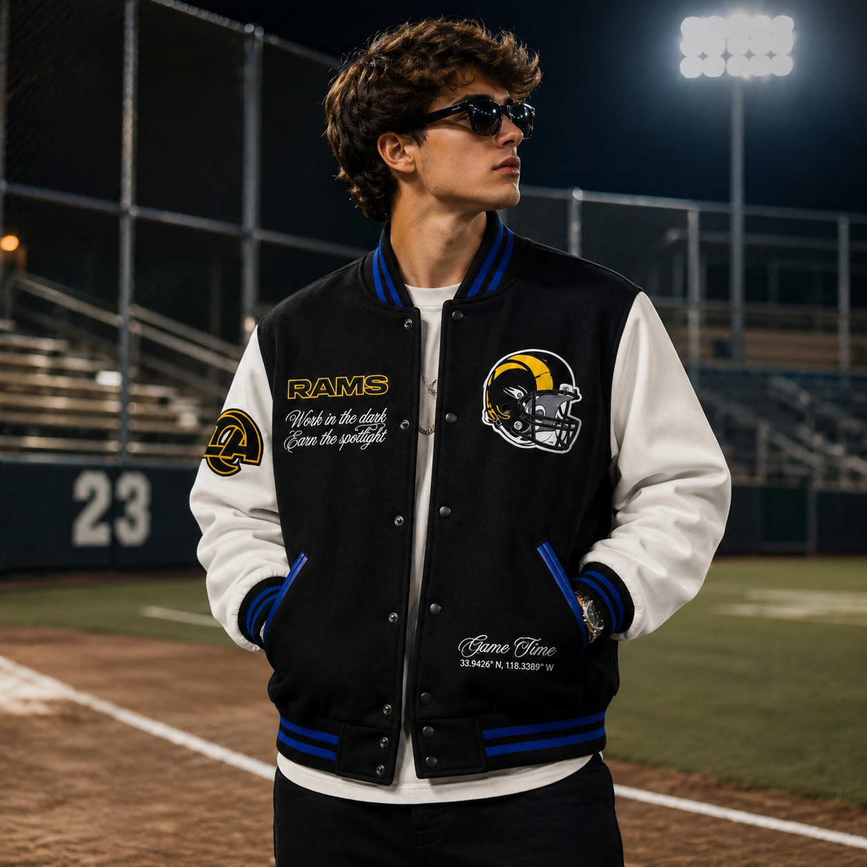 Black and White Los Angeles Rams NFL Varsity Jacket with Helmet Logo