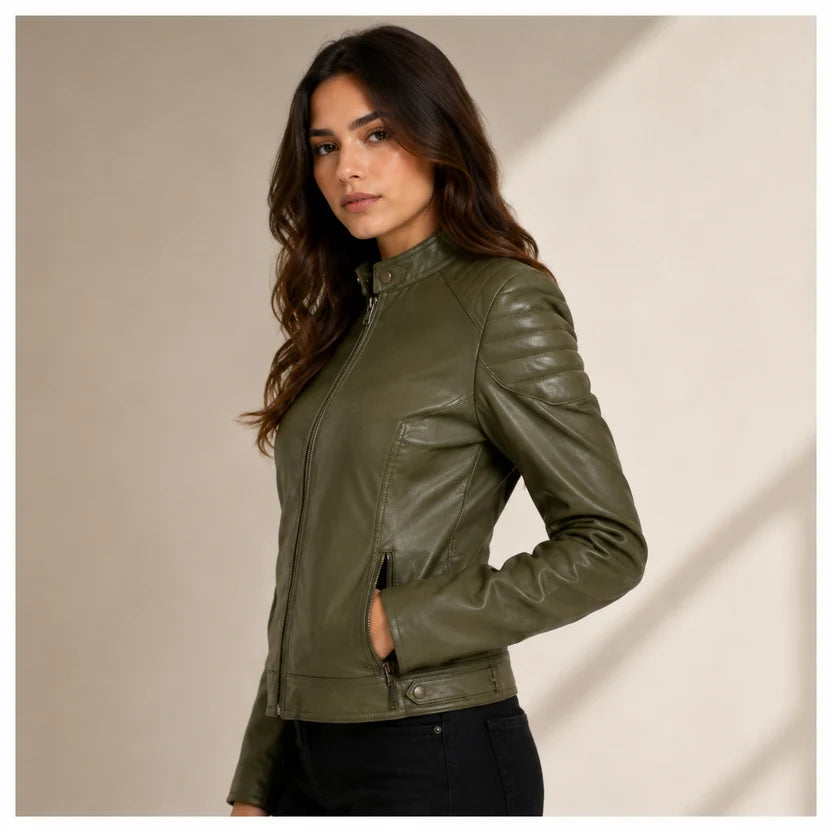 women's olive green genuine leather jacket