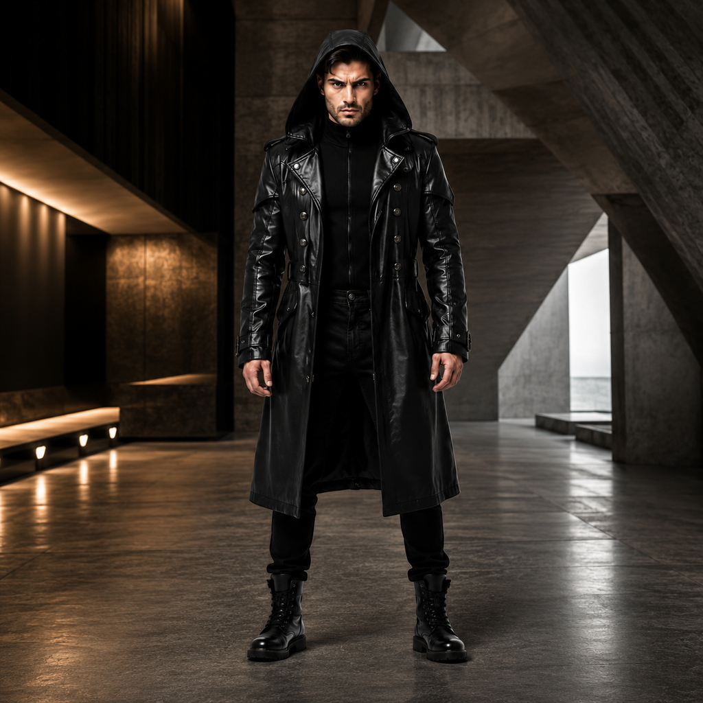 Men's Black Hooded Leather Trench Coat