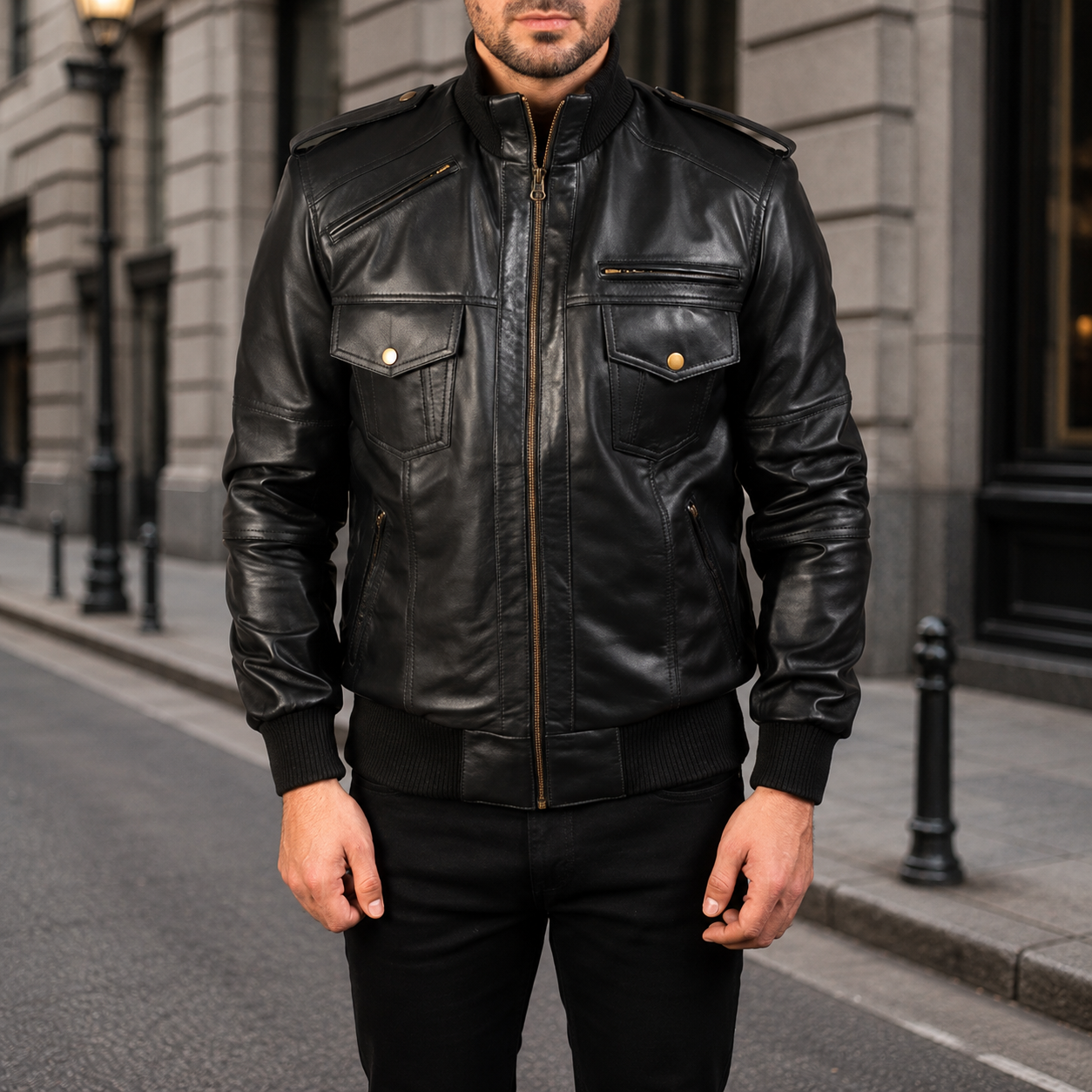 Black Military Bomber Leather Jacket