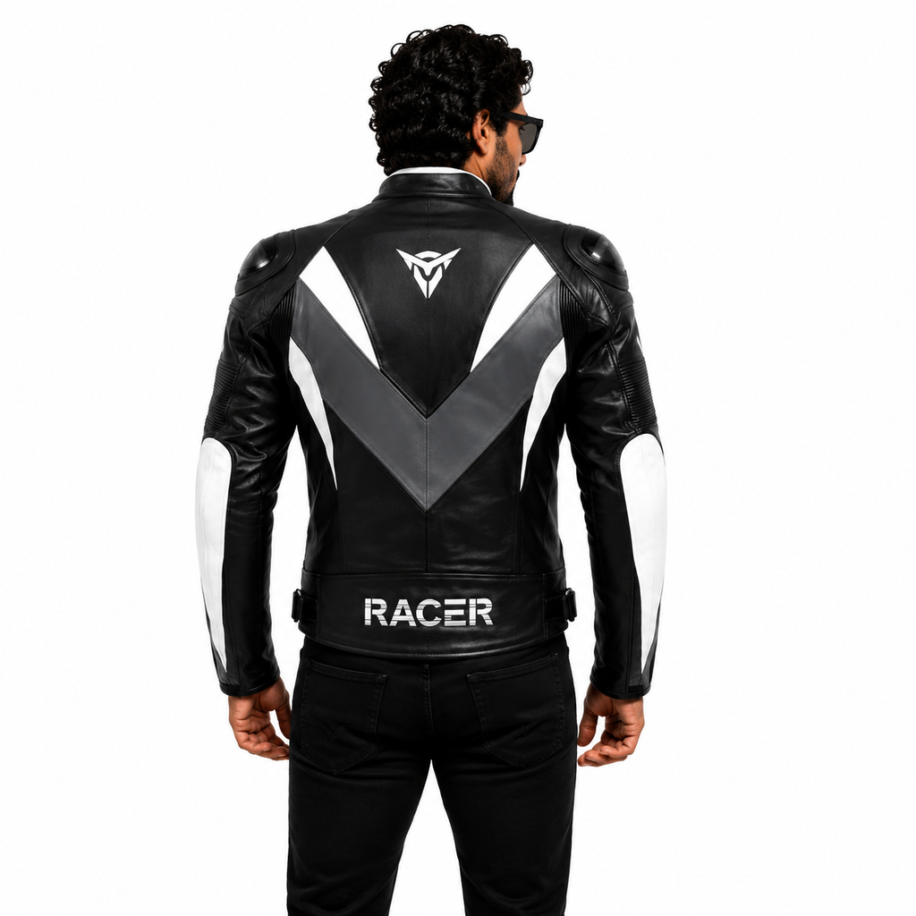 Men's Black & White Racer Leather Jacket