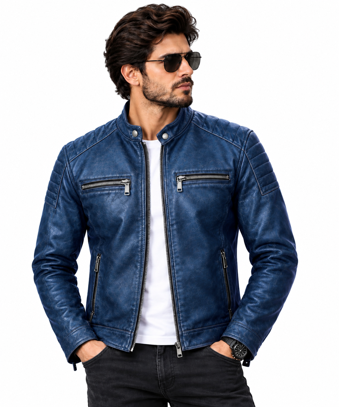 Men's blue biker leather jacket featuring detailed stitching, quilted sleeves, and a classic modern design.