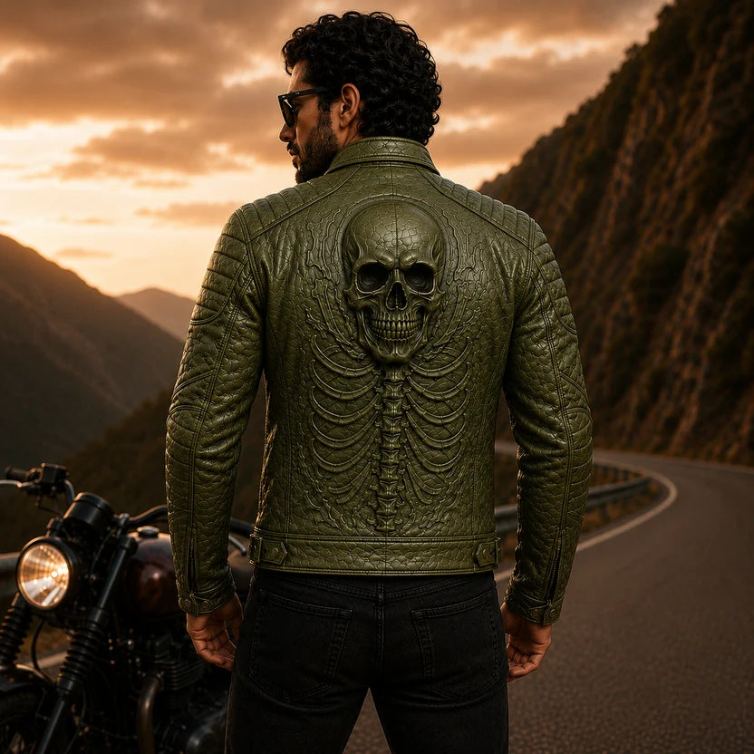 olive green skull skeleton biker jacket