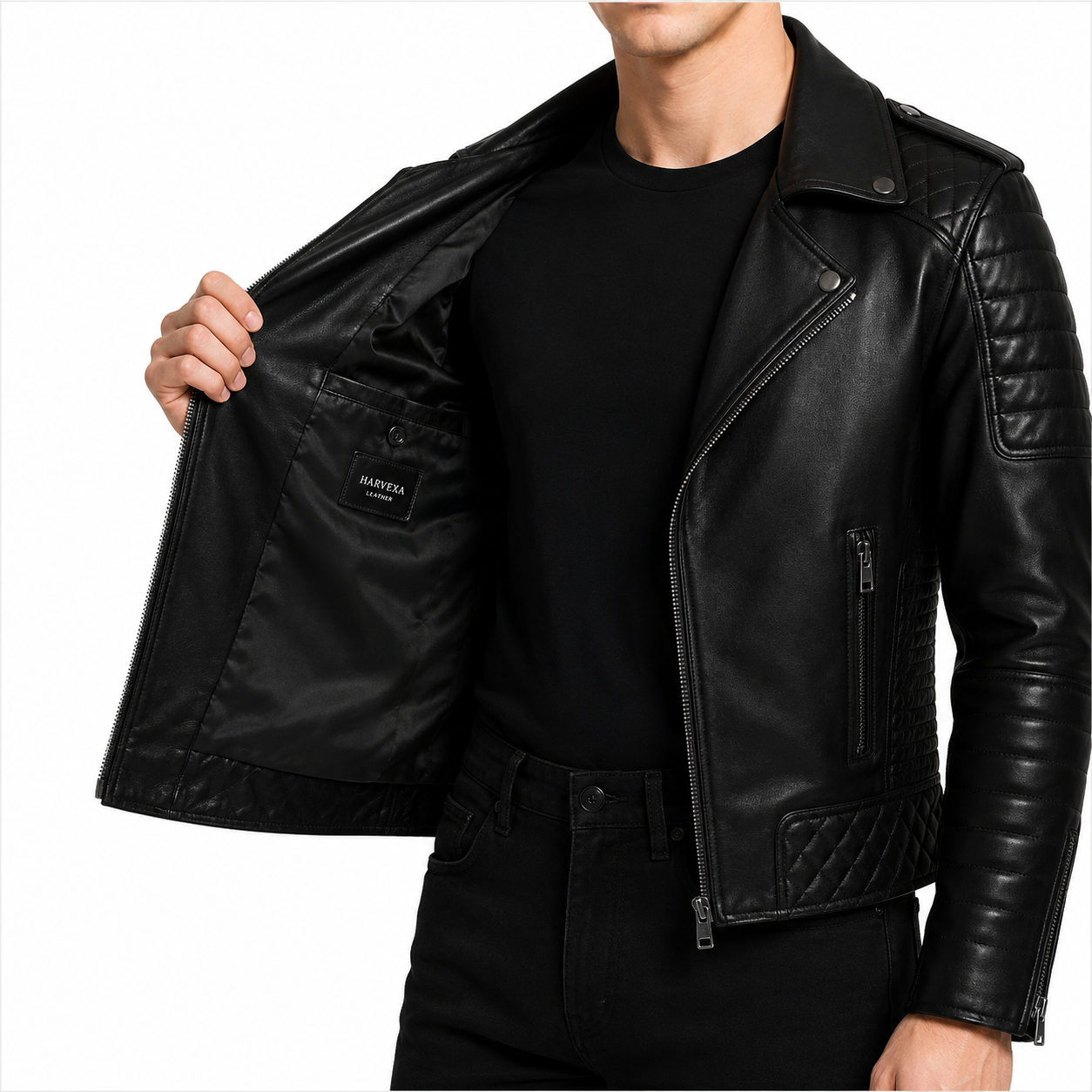 Black Genuine Leather Moto Jacket for Men with Quilted Shoulders