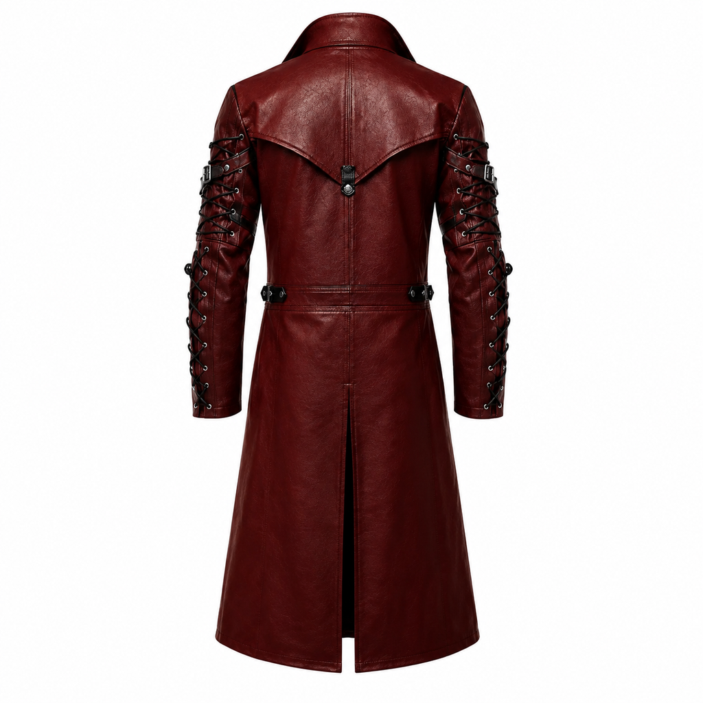 vampire high collar and buckle strap detail on gothic leather coat