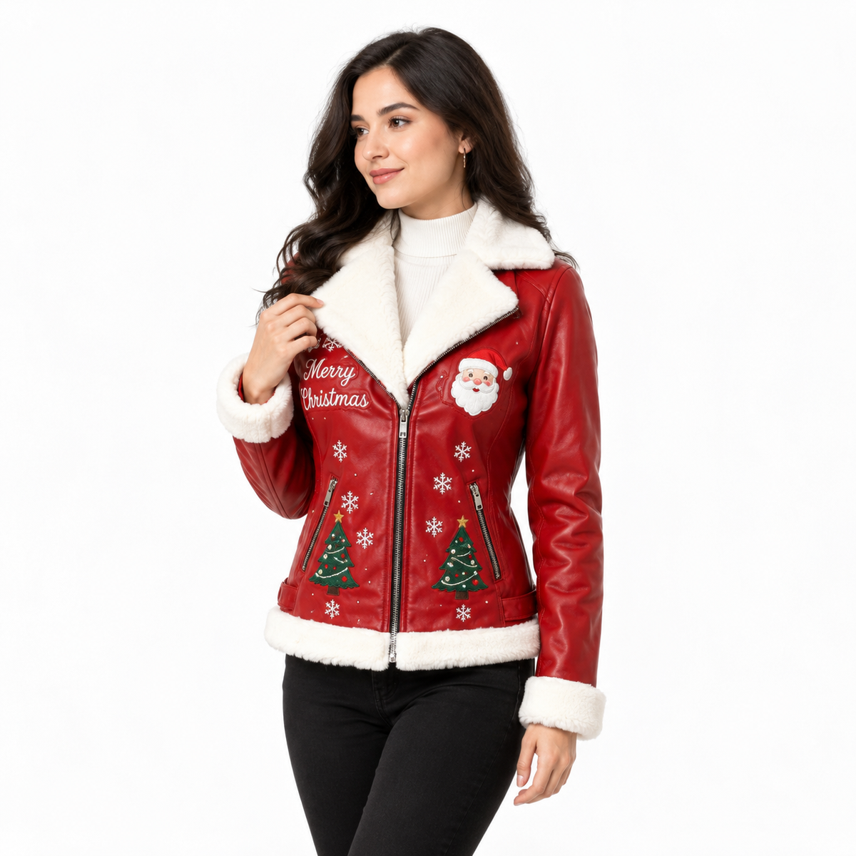 red Christmas leather jacket with Santa Claus patch and Merry Christmas