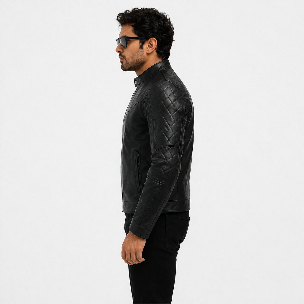 Men's Stealth All-Black Diamond Quilted Leather Biker Jacket