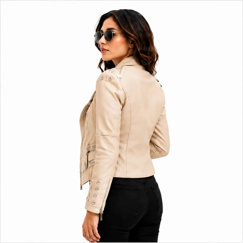 Women's Beige Studded Leather Biker Jacket