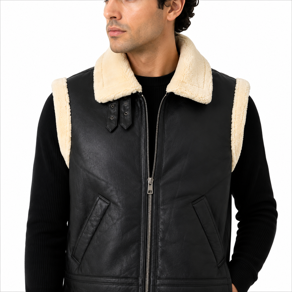 Men's Black Shearling Leather Aviator Vest