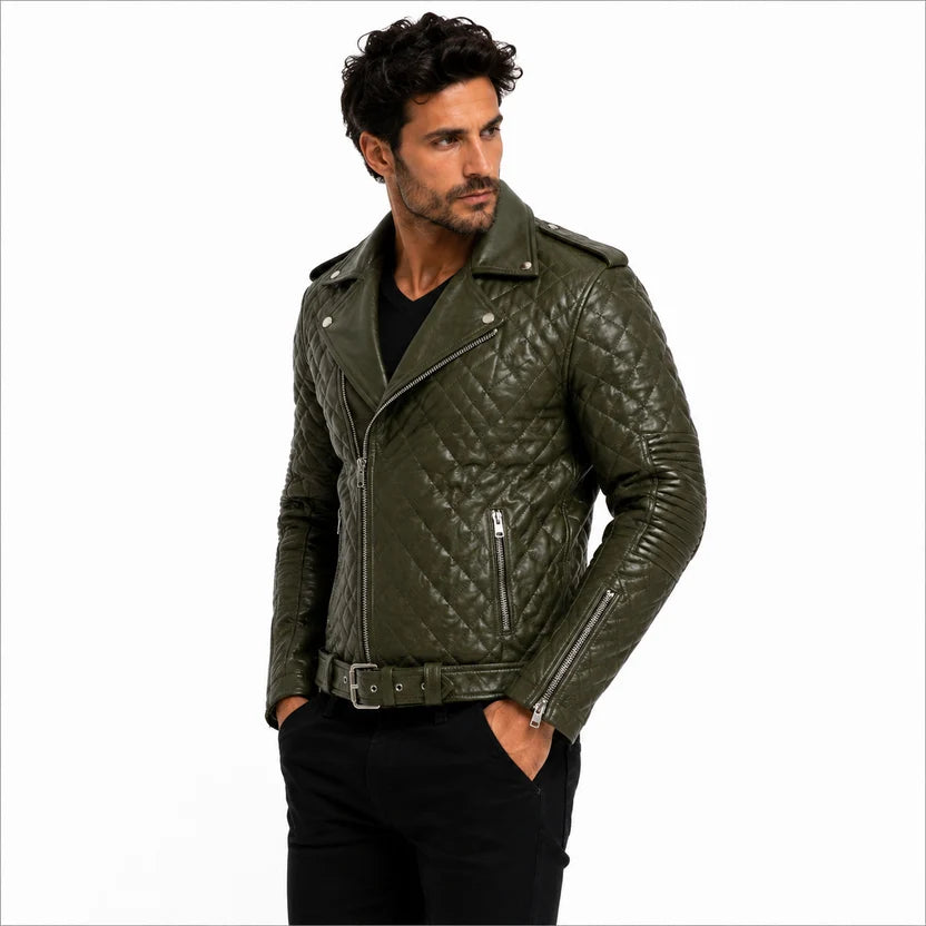 Men's White Leather Quilted Biker Jacket