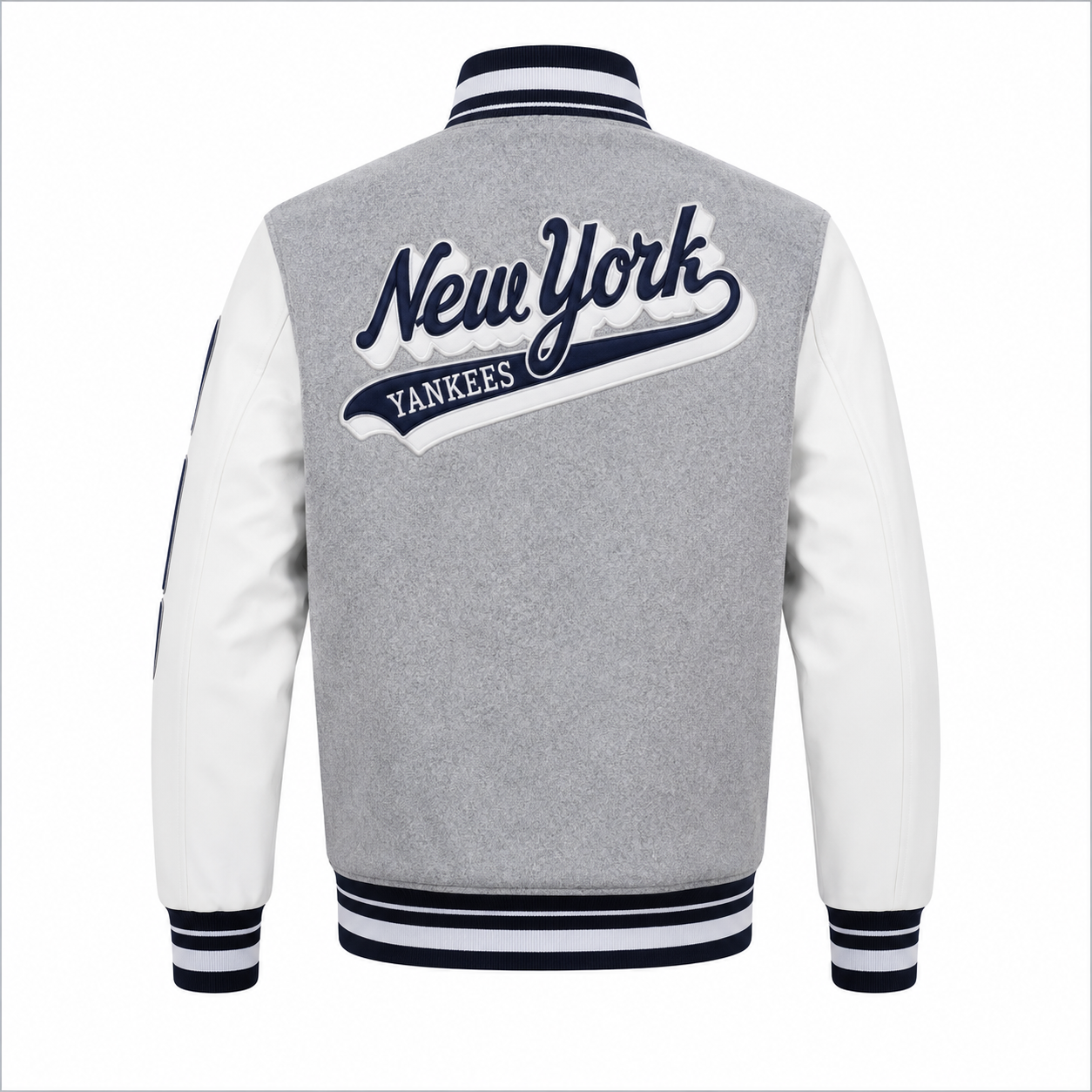 Gray and White New York Yankees MLB Varsity Jacket with New York Script on Back