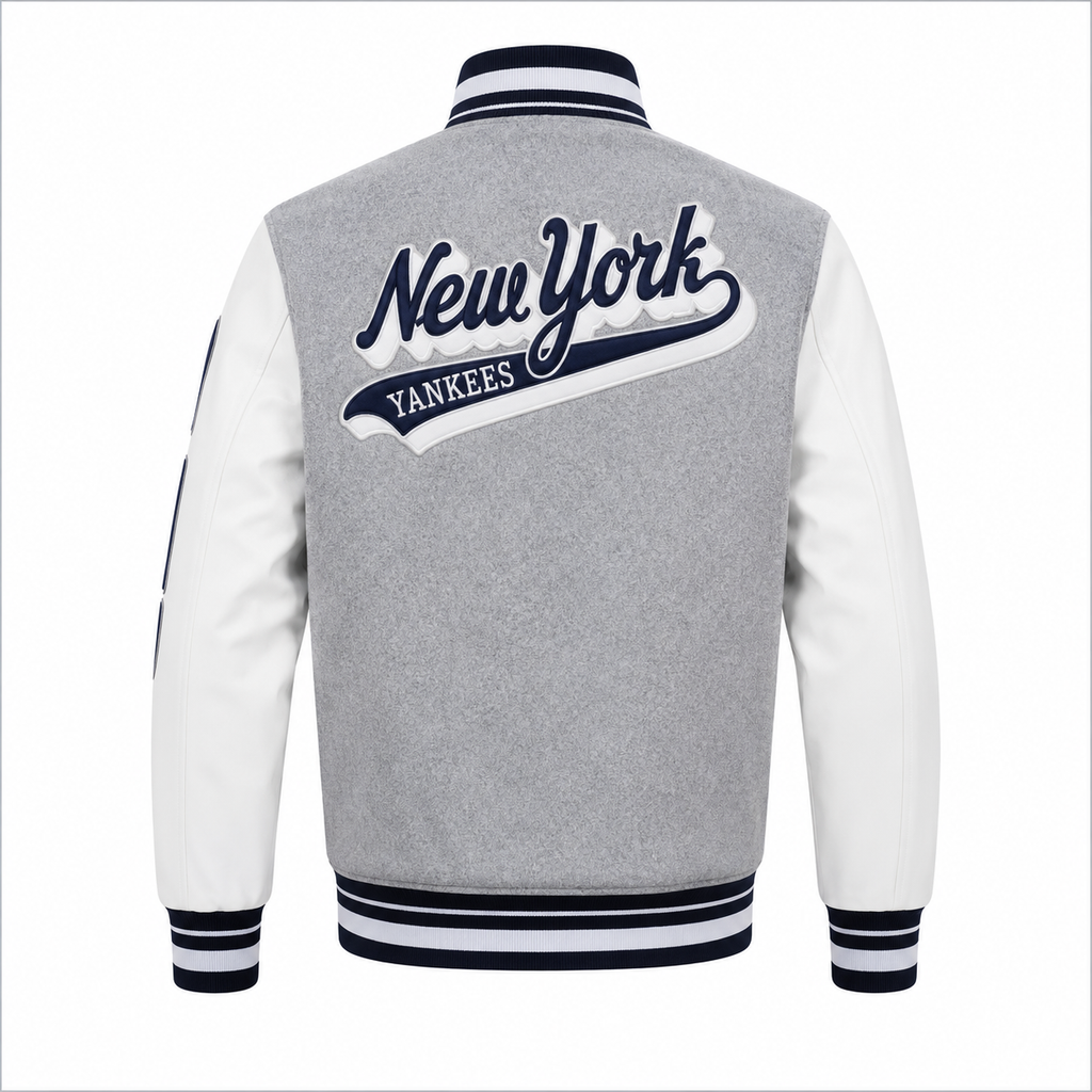Gray and White New York Yankees MLB Varsity Jacket with New York Script on Back