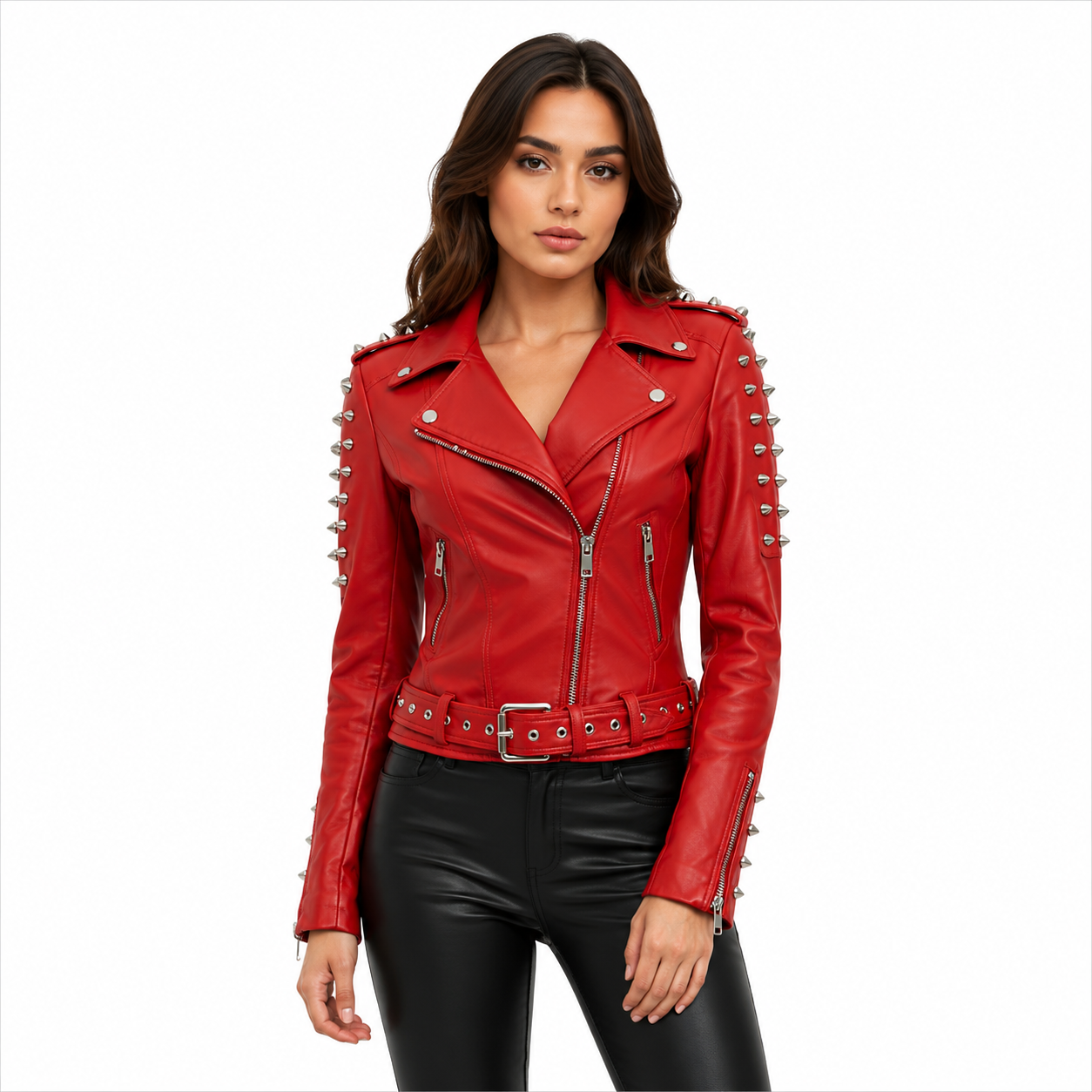 Studded Detail on Red Leather Moto Biker Jacket