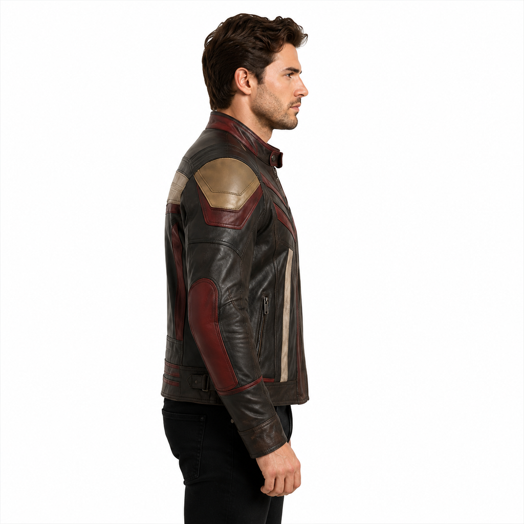 Men's Hero Style Panel Leather Jacket Streetwear Outfit