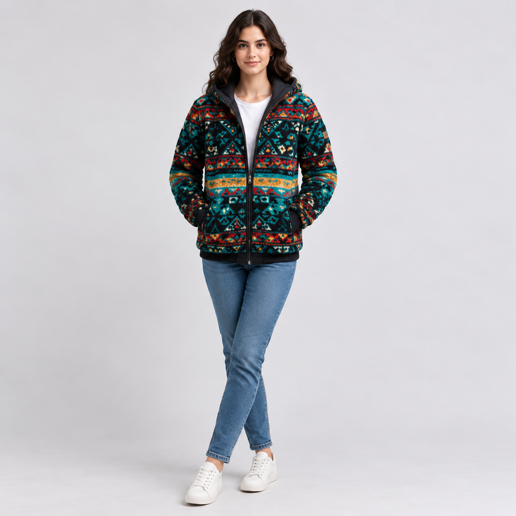 Women's Colorful Aztec Print Sherpa Jacket