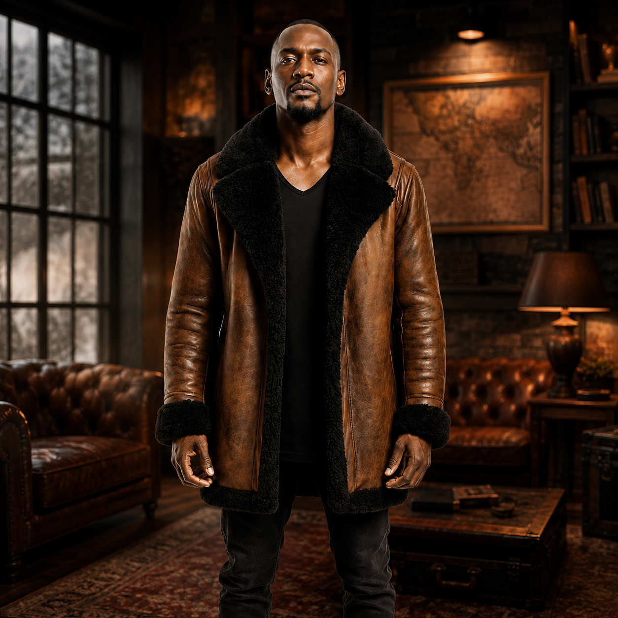 Man Wearing Brown Shearling Coat Winter Outfit