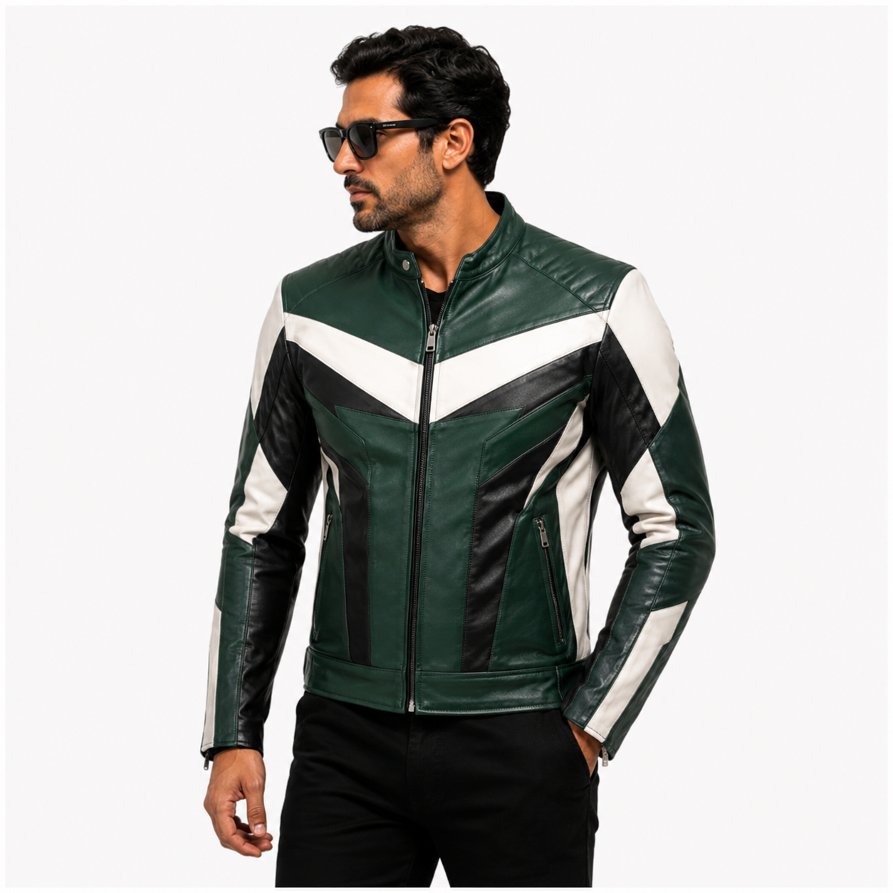 Men's Green, Black & White Racer Leather Jacket