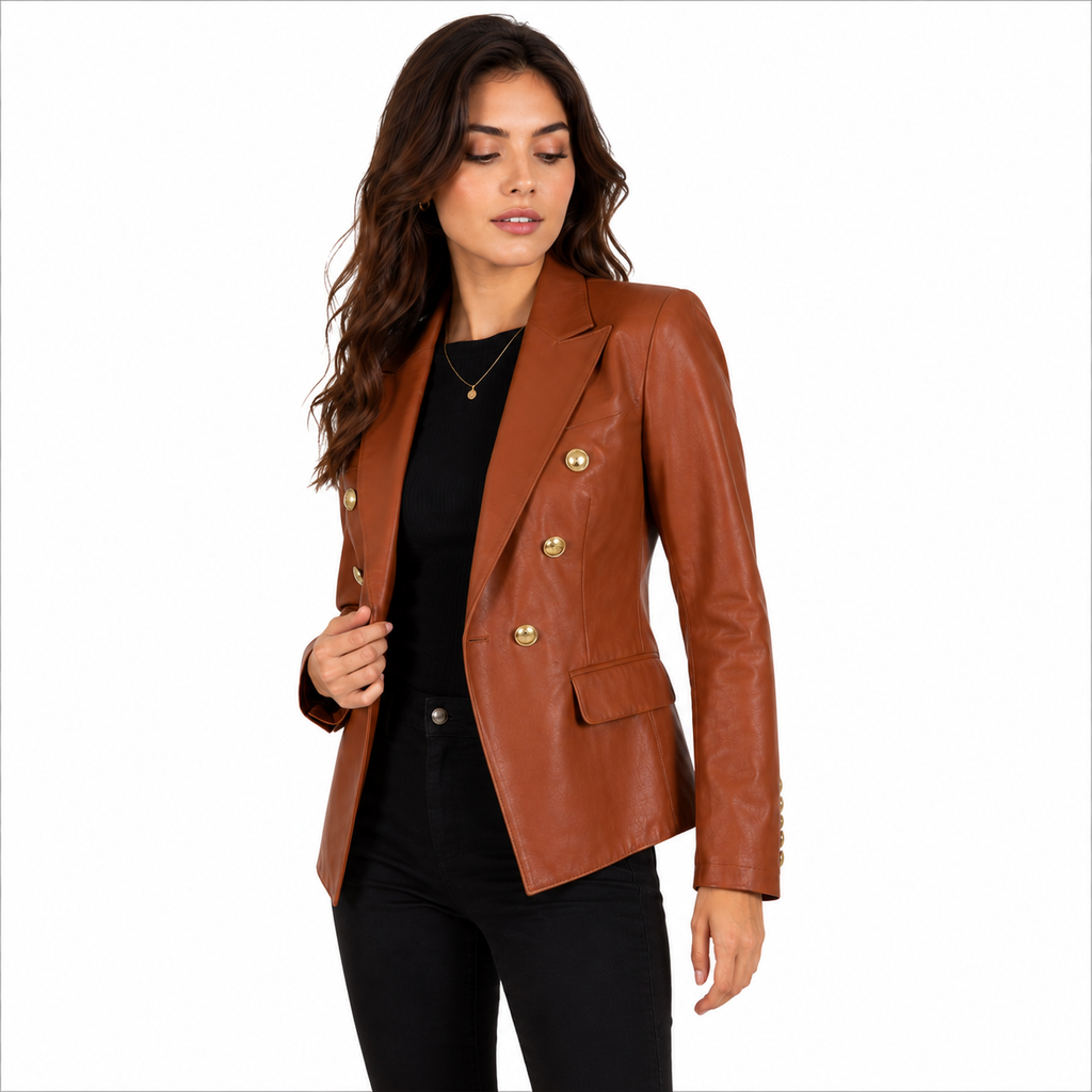 Women's Tan Leather Blazer Jacket Double Breasted Gold Button Blazer Coat for Women