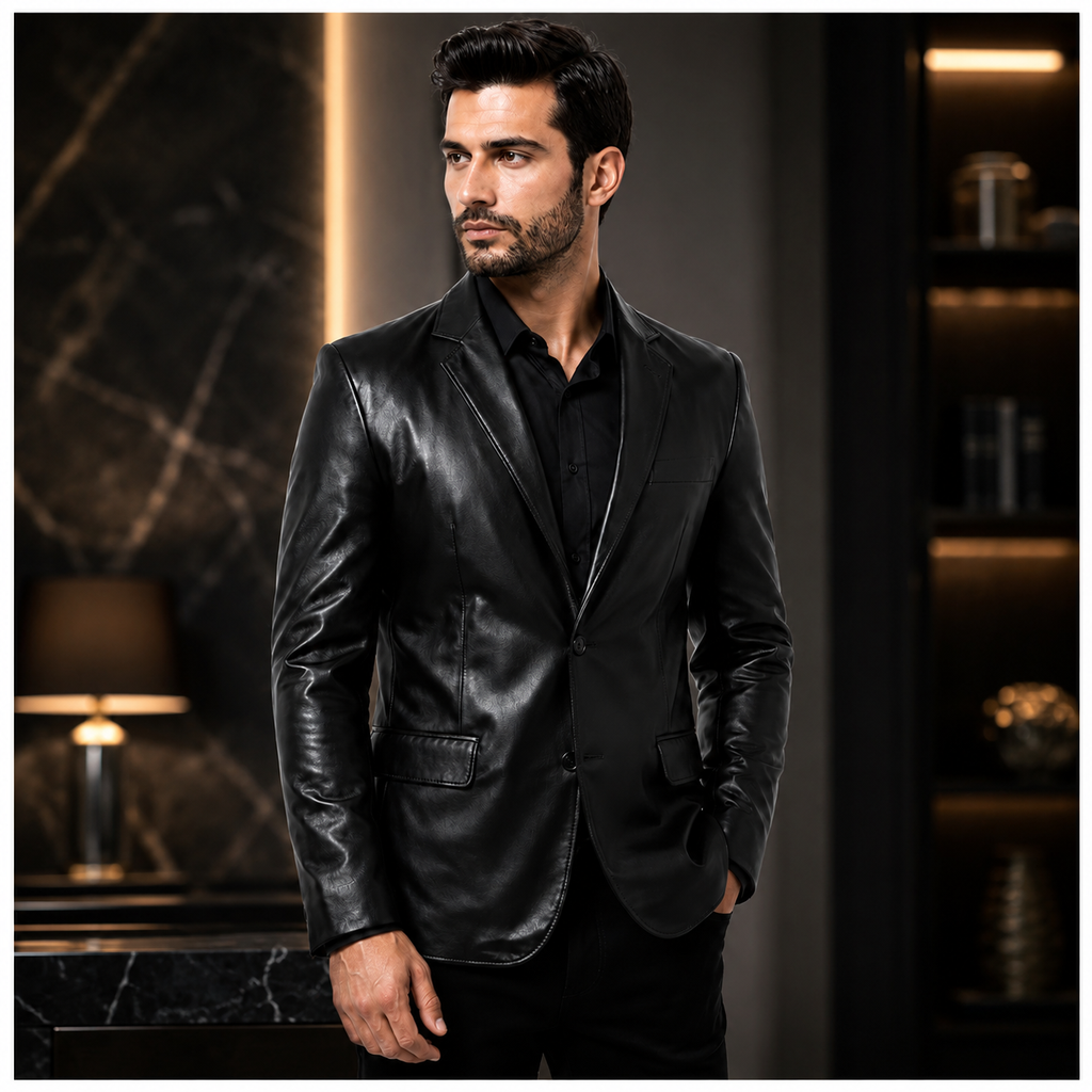 Men's Black Genuine Leather Blazer 2-Button Front View