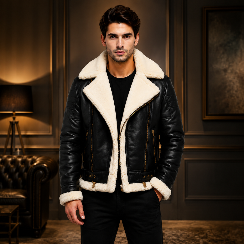Men's Black Shearling Leather Jacket Winter Outfit