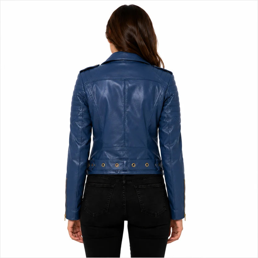 women's royal blue biker leather jacket