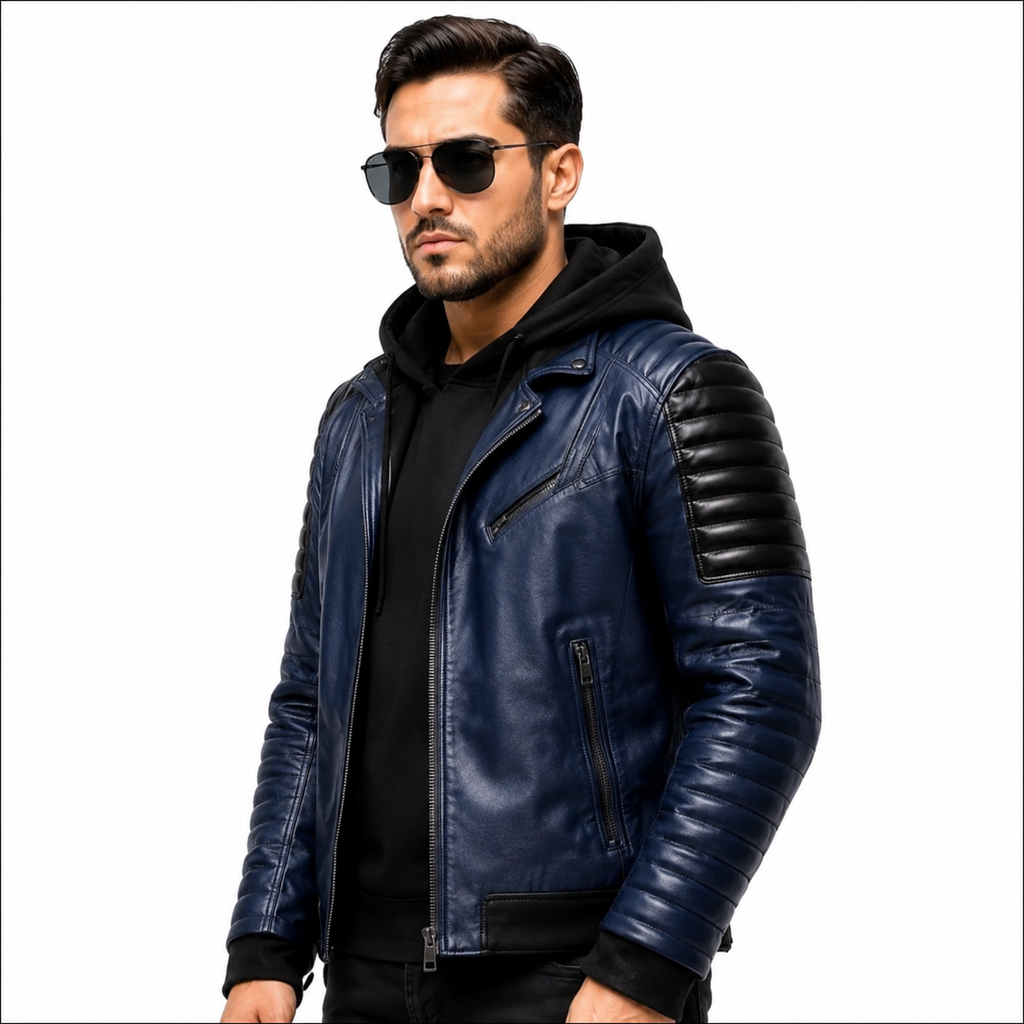 Men's navy blue hooded leather biker jacket