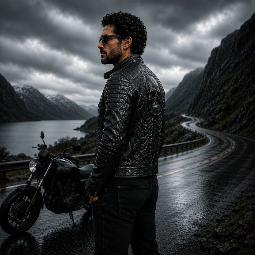 Men's Charcoal Grey Leather Jacket with 3D Embossed Skull and Skeleton Back Design