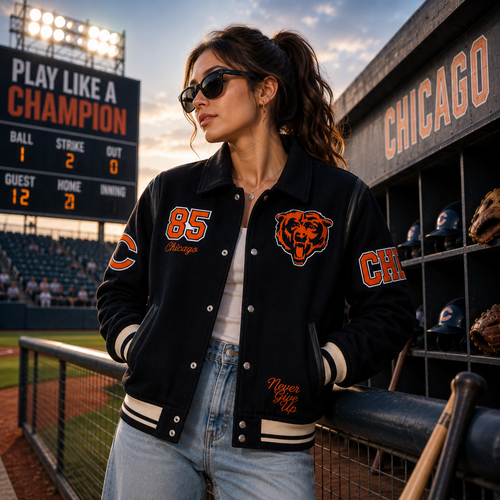 Navy Blue Chicago Bears NFL Varsity Jacket with Bear Logo and 85 Patch
