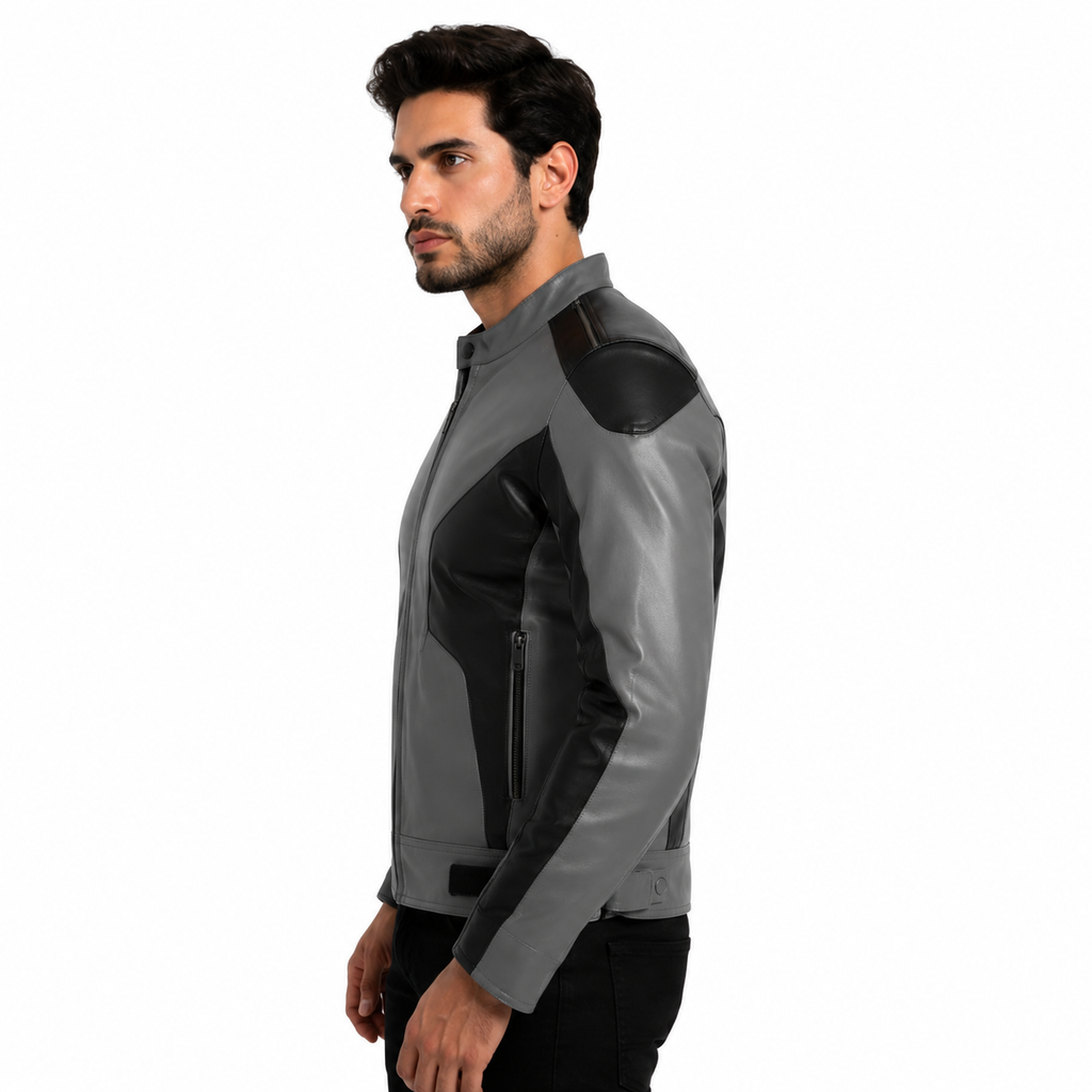Men's Grey & Black Genuine Leather Biker Jacket