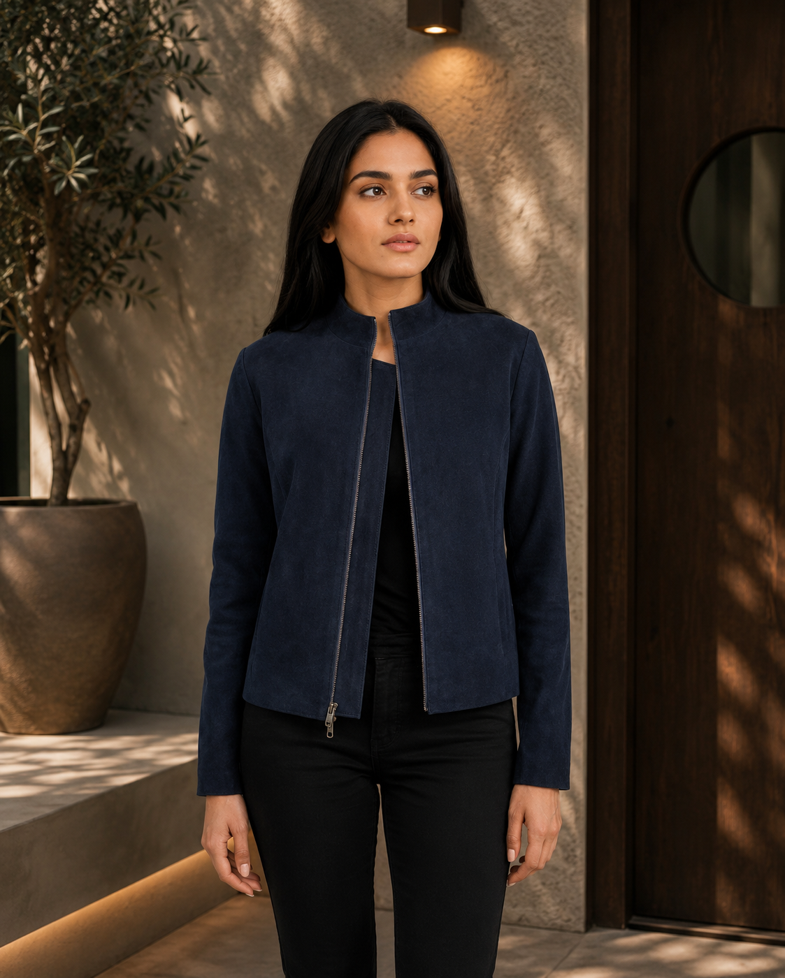 Women's Navy Blue Genuine Suede Leather Jacket