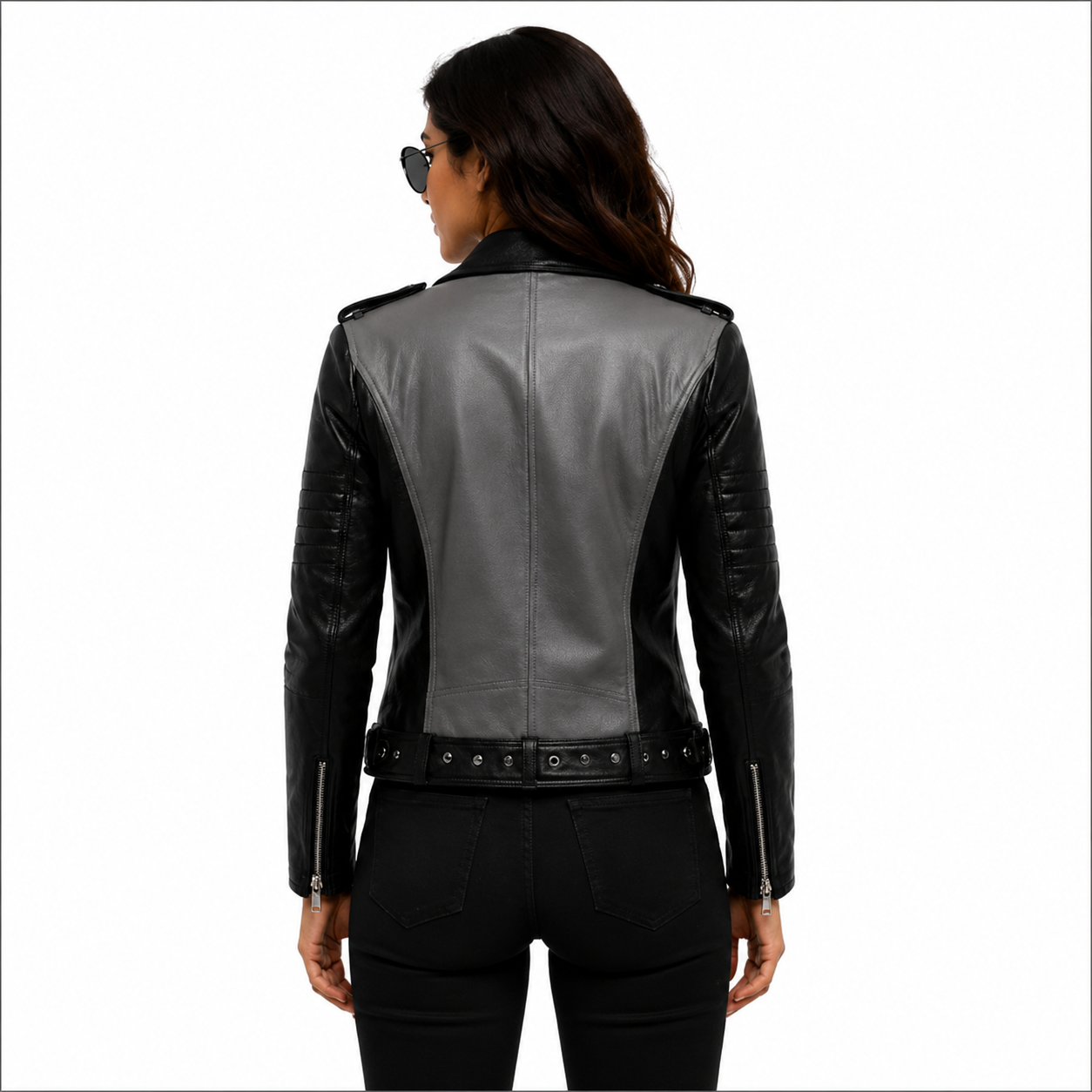 Women's Black & Charcoal Gray Biker Leather Jacket