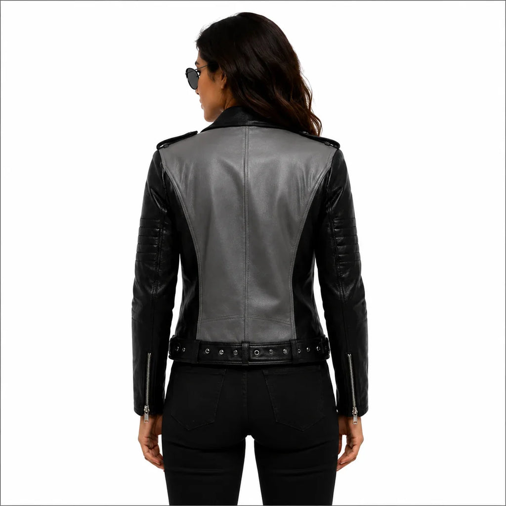 Women's Black & White Genuine Leather Moto Jacket