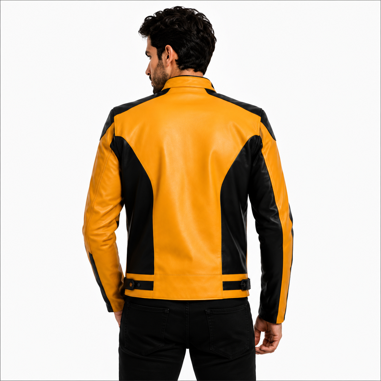Men's Yellow & Black Genuine Leather Biker Jacket