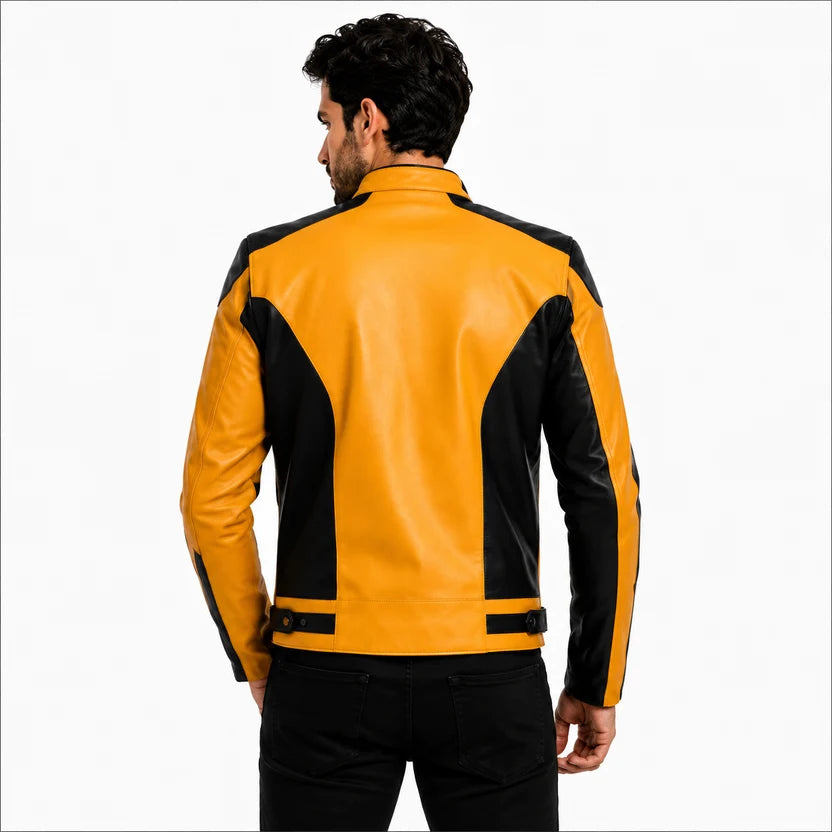 Black shoulder panels on mustard yellow leather sport biker jacket