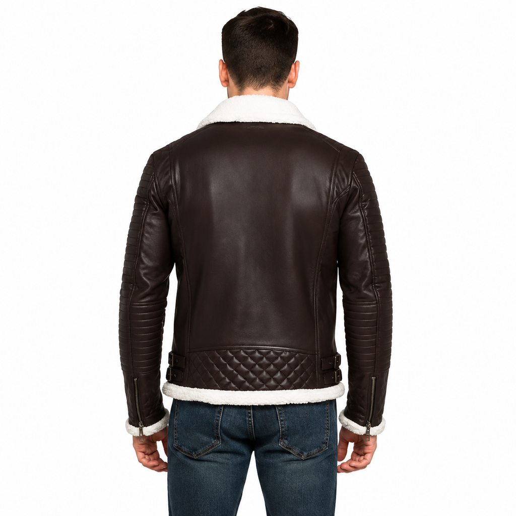 Dark Brown Leather Biker Jacket with Shearling 