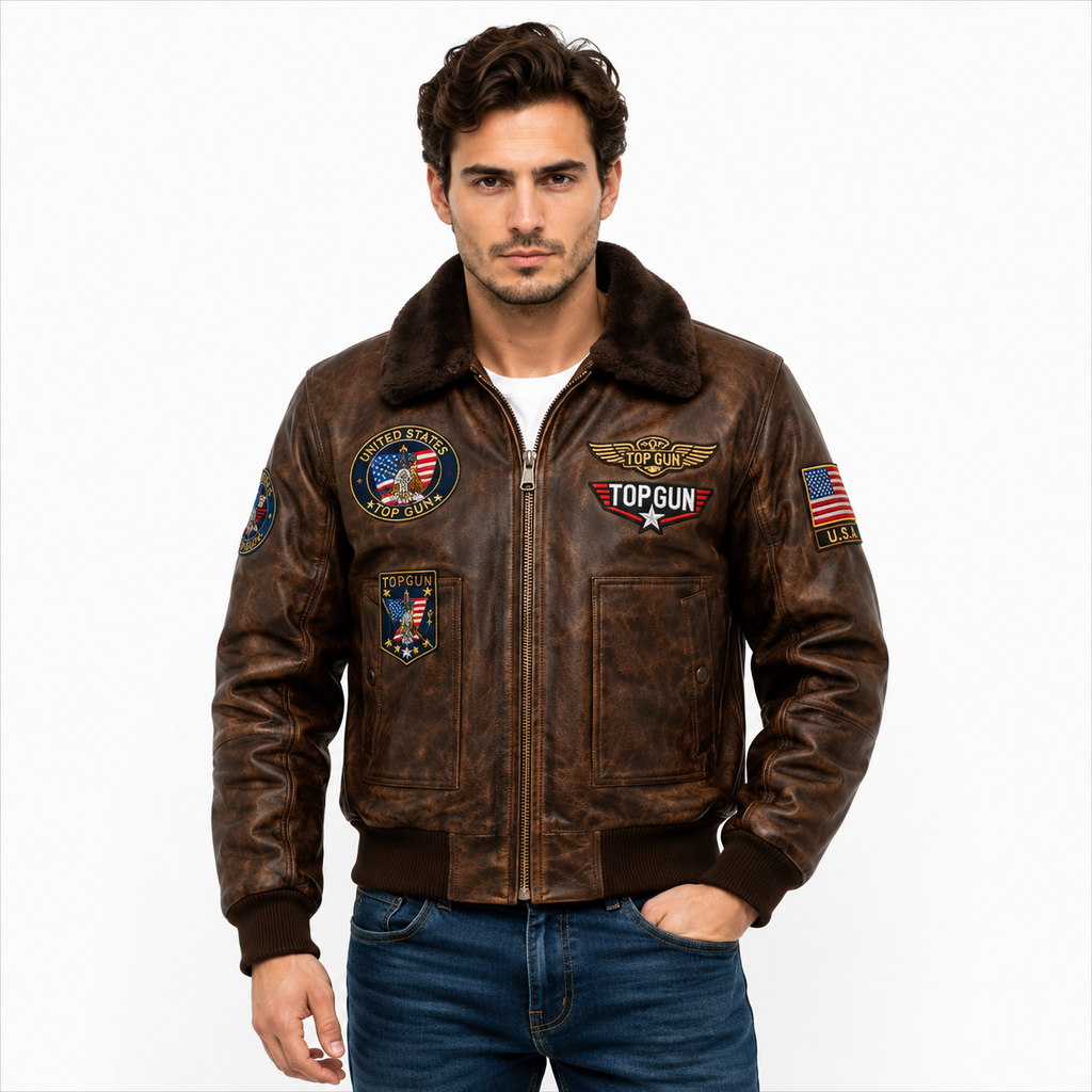 Men's Brown Top Gun Flight Leather Jacket with Faux Fur Collar