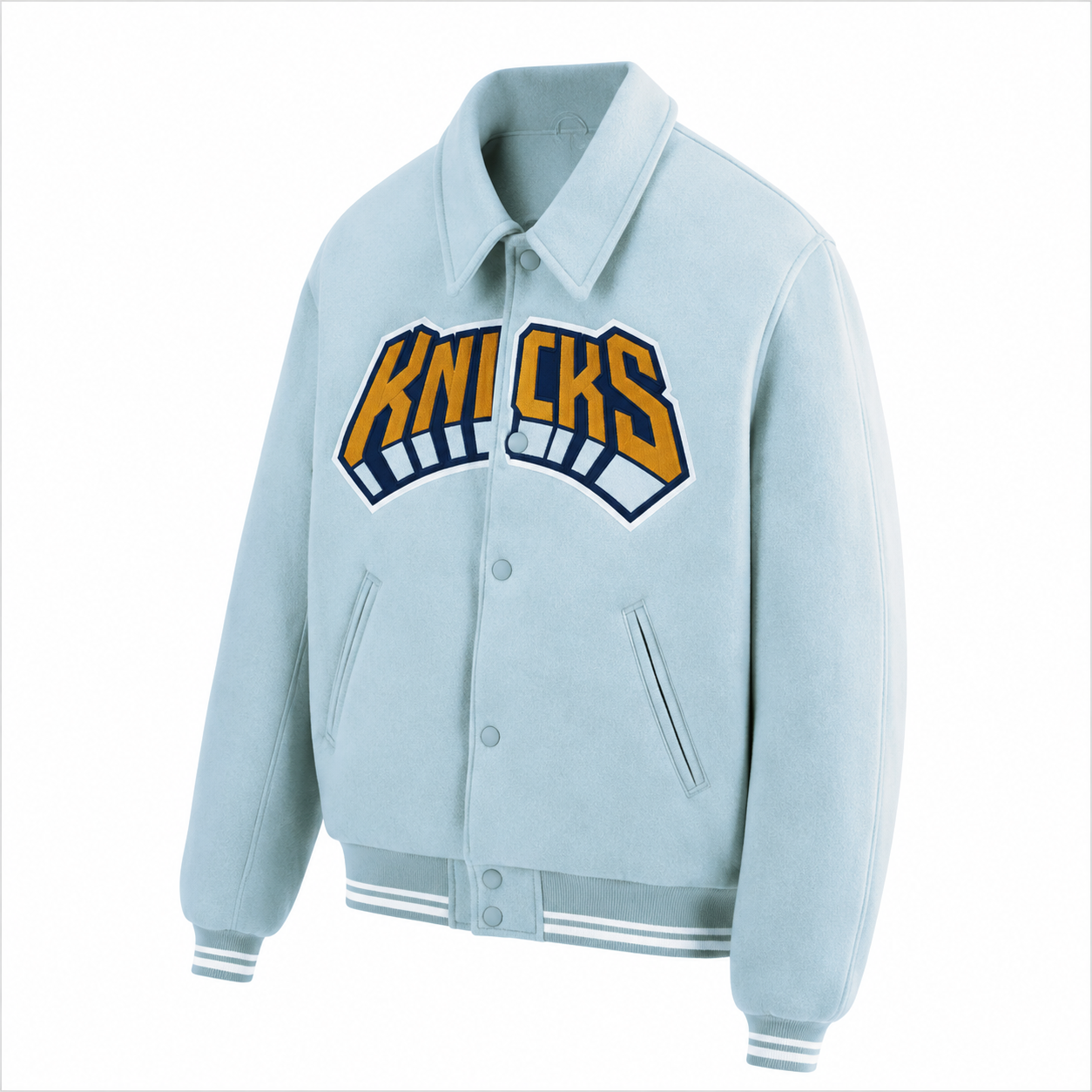 Light Blue New York Knicks NBA Varsity Jacket with Big KNICKS Logo