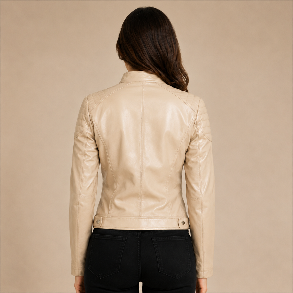 Women's Pastel Beige Cafe Racer Leather Biker Jacket