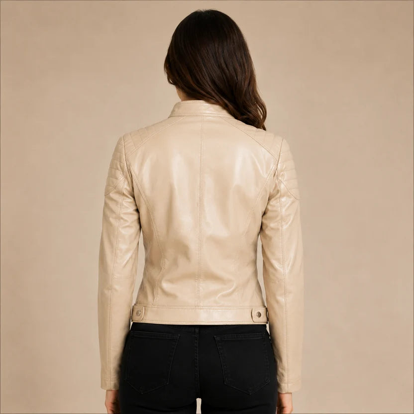 Women's Beige Genuine Leather Cafe Racer Jacket